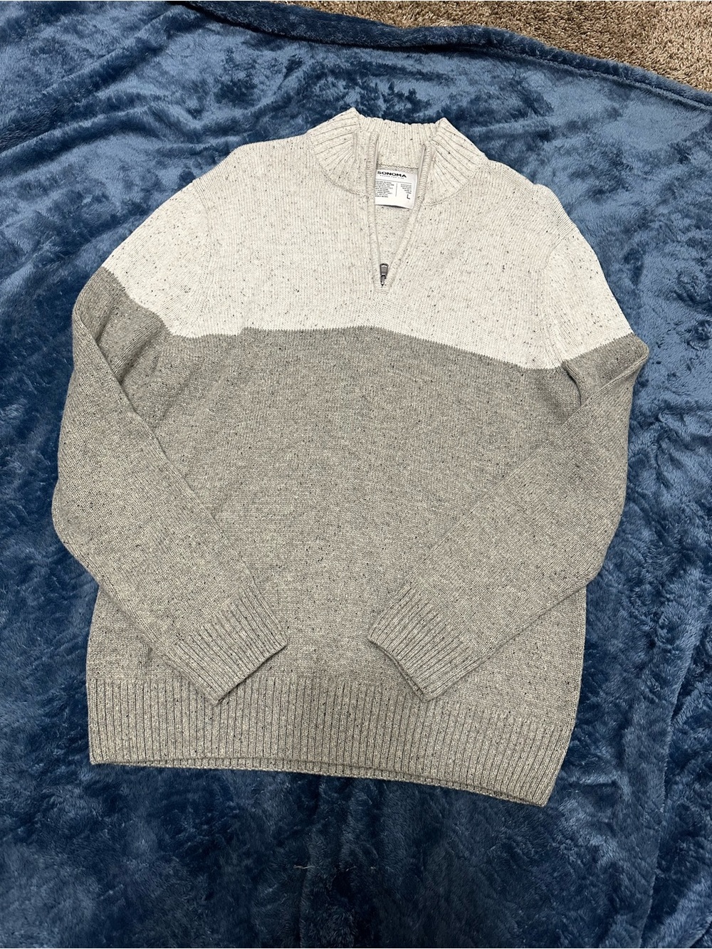 Colorblock Half-Zip Knit Sweater - Gray/White